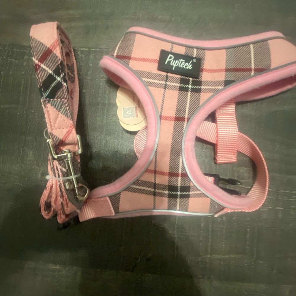 Pink Plaid Dog Harness and Leash Set